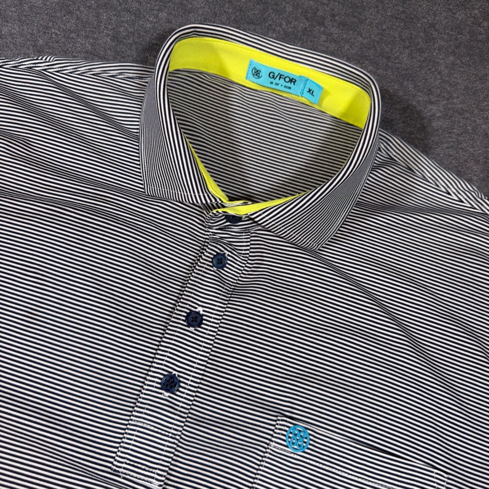 G/FORE Polo Shirt Mens XL Black White Striped Golf Short Sleeve Pocket Logo